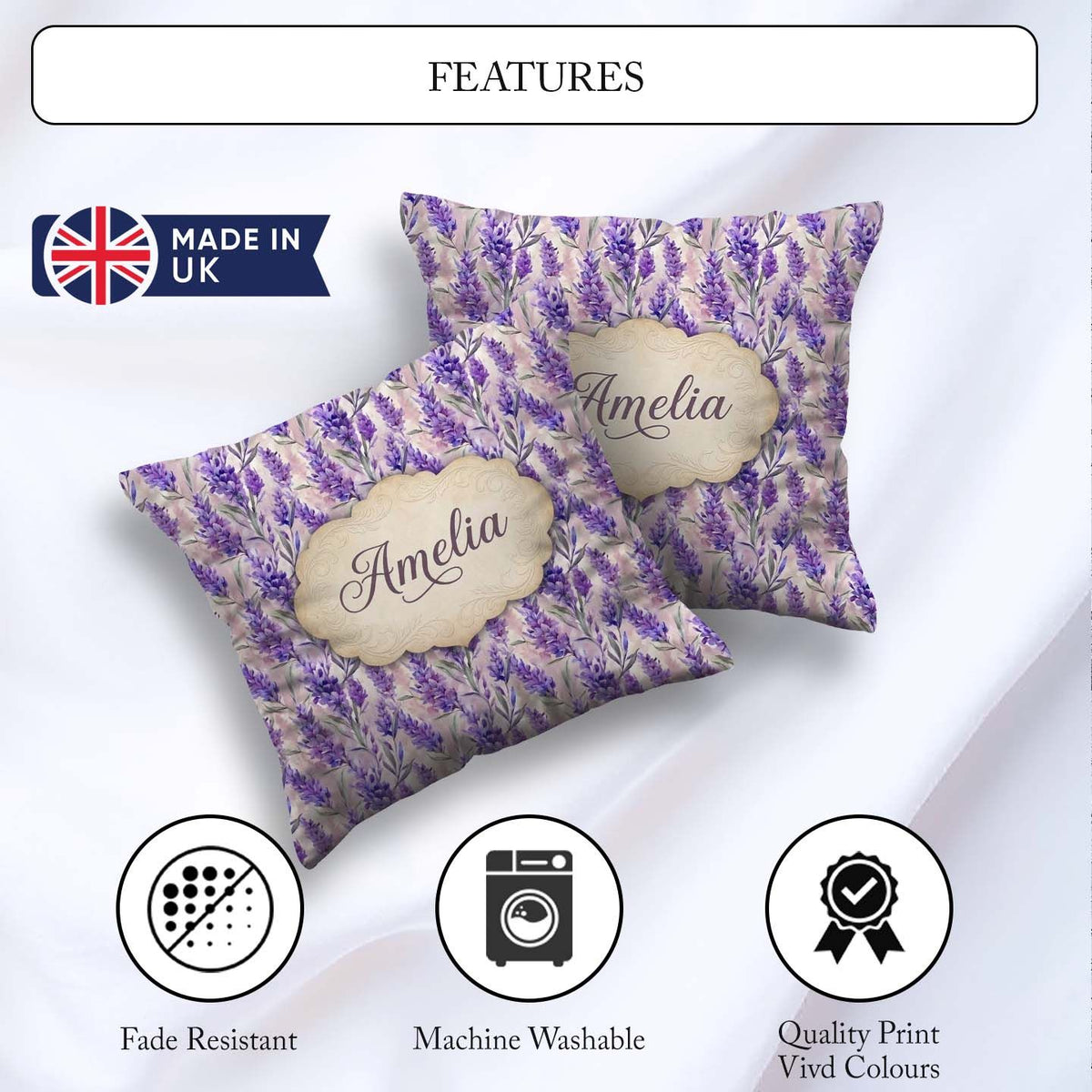 Custom Name Soft Lavender Floral Botanical Seamless Pattern Name Square Filled Cushion Throw Pillow Sofa Bed Home Decor Zip Washable UK Made