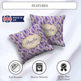 Custom Name Soft Lavender Floral Botanical Seamless Pattern Name Square Filled Cushion Throw Pillow Sofa Bed Home Decor Zip Washable UK Made