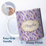 Personalized Custom Name Soft Lavender Floral Botanical Watercolor Seamless Pattern Name Cute 11oz Ceramic Coffee Tea Mug White Large Handle