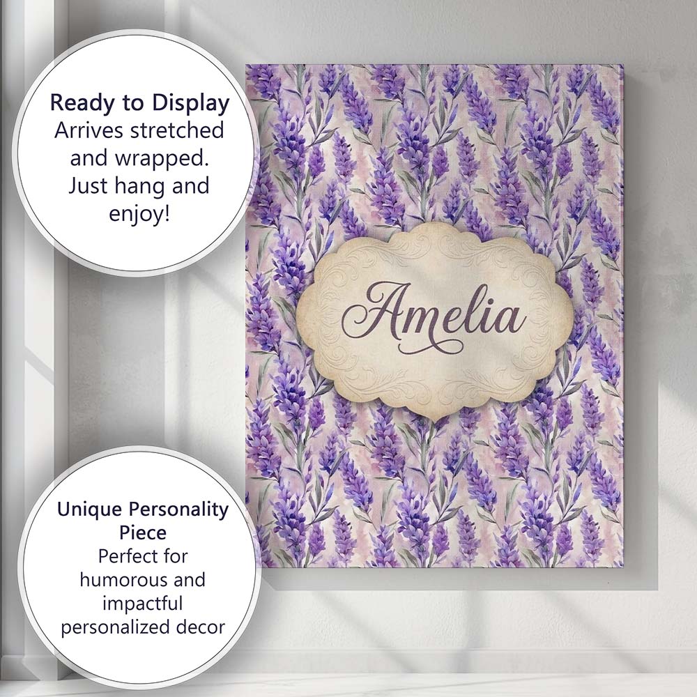 Personalised Name Soft Lavender Floral Custom  Modern Room Accent Elegant Feature Canvas Wall Art Print Decor Picture Ready to Hang