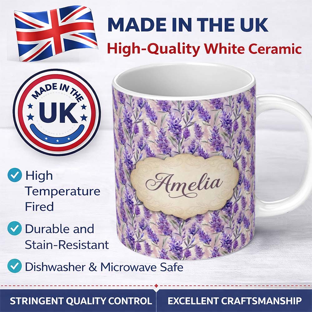 Personalized Custom Name Soft Lavender Floral Botanical Watercolor Seamless Pattern Name Cute 11oz Ceramic Coffee Tea Mug White Large Handle