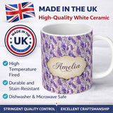 Personalized Custom Name Soft Lavender Floral Botanical Watercolor Seamless Pattern Name Cute 11oz Ceramic Coffee Tea Mug White Large Handle
