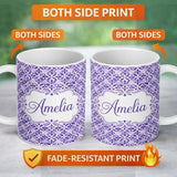 Personalized Custom Name Purple Geometric Floral Tile Decorative Seamless Pattern Name Cute 11oz Ceramic Coffee Tea Mug White Large Handle