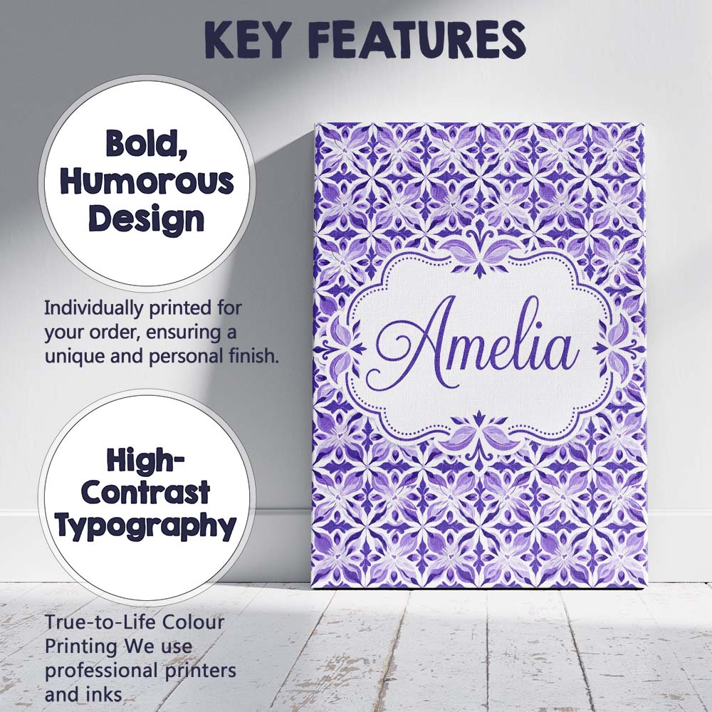 Personalised Name Purple Geometric Floral Custom  Unique Gift Idea Elegant Feature Canvas Wall Art Print Decor Picture Ready to Hang