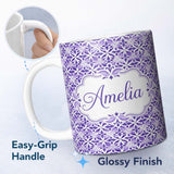 Personalized Custom Name Purple Geometric Floral Tile Decorative Seamless Pattern Name Cute 11oz Ceramic Coffee Tea Mug White Large Handle