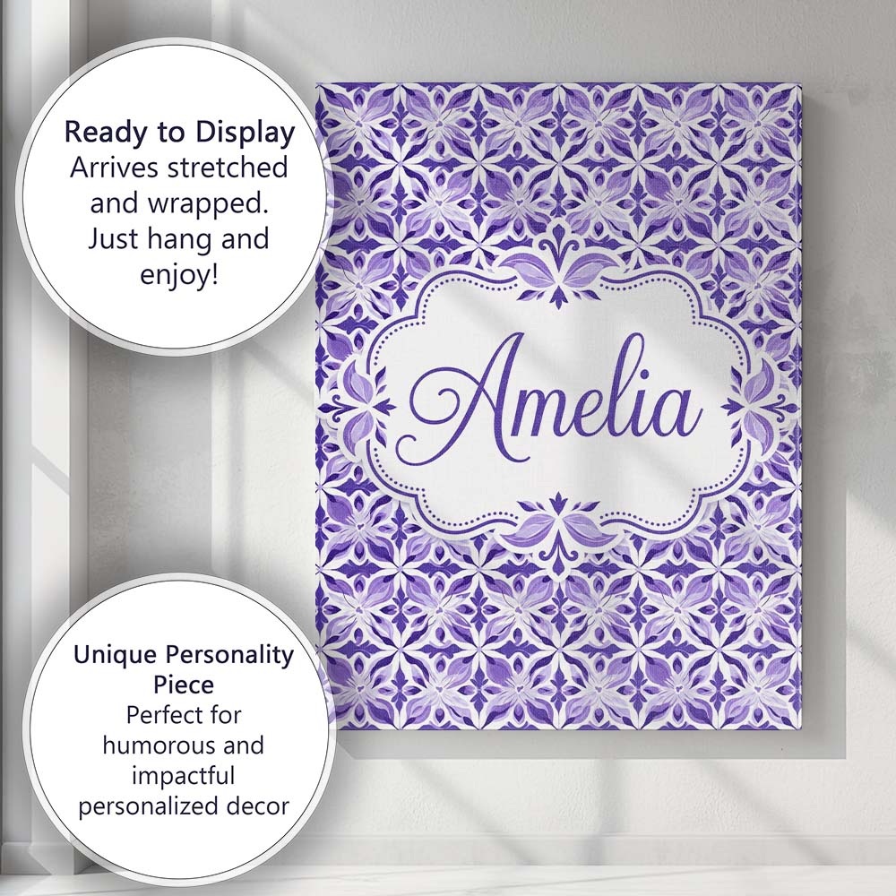 Personalised Name Purple Geometric Floral Custom  Unique Gift Idea Elegant Feature Canvas Wall Art Print Decor Picture Ready to Hang