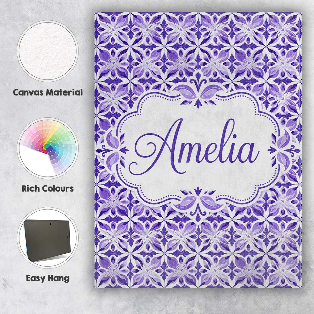 Personalised Name Purple Geometric Floral Custom  Unique Gift Idea Elegant Feature Canvas Wall Art Print Decor Picture Ready to Hang