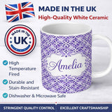 Personalized Custom Name Purple Geometric Floral Tile Decorative Seamless Pattern Name Cute 11oz Ceramic Coffee Tea Mug White Large Handle