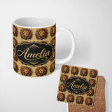 Personalized Custom Name Majestic Lion Head Vintage Ornamental Seamless Pattern Name Cute 11oz Ceramic Coffee Tea Mug White Large Handle