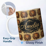 Personalized Custom Name Majestic Lion Head Vintage Ornamental Seamless Pattern Name Cute 11oz Ceramic Coffee Tea Mug White Large Handle