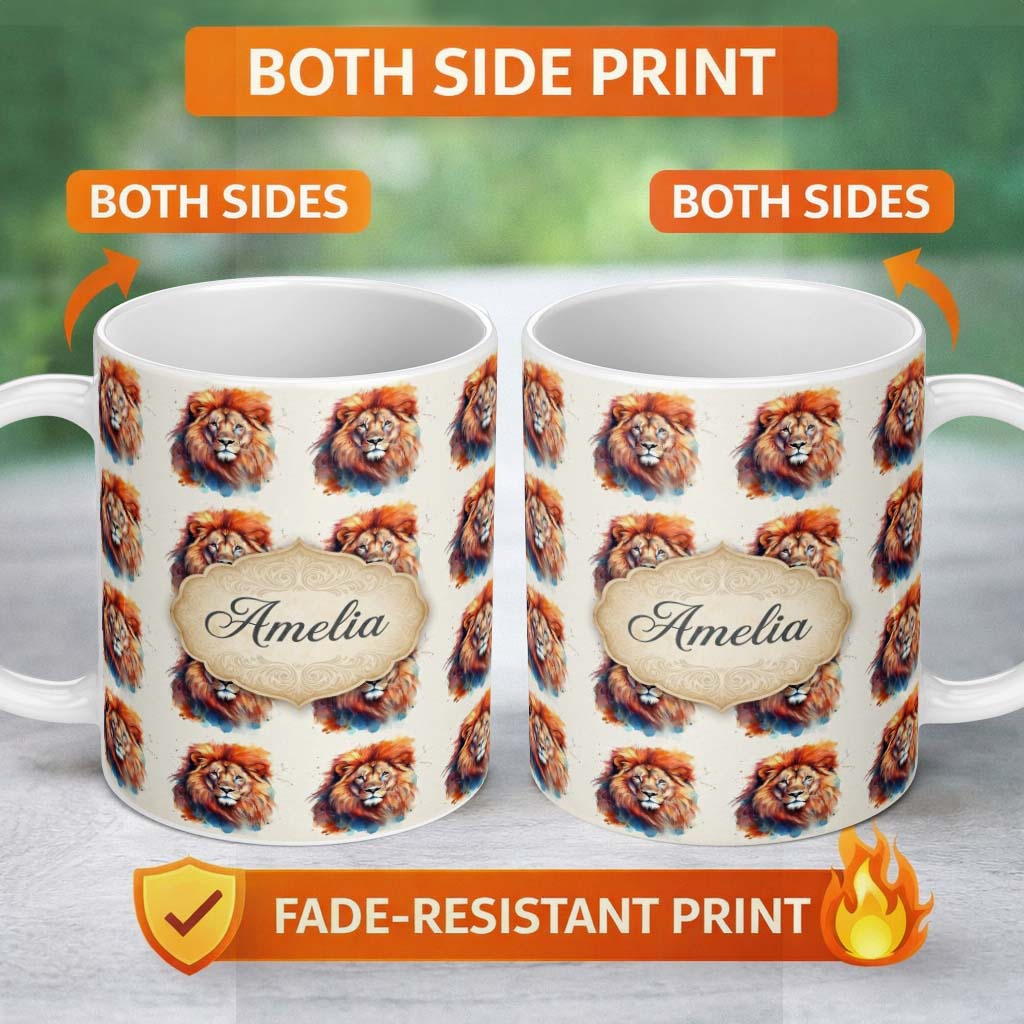 Personalized Custom Name Watercolor Lion Portrait Artistic Splash Seamless Pattern Custom 11oz Ceramic Coffee Tea Mug White Large Handle