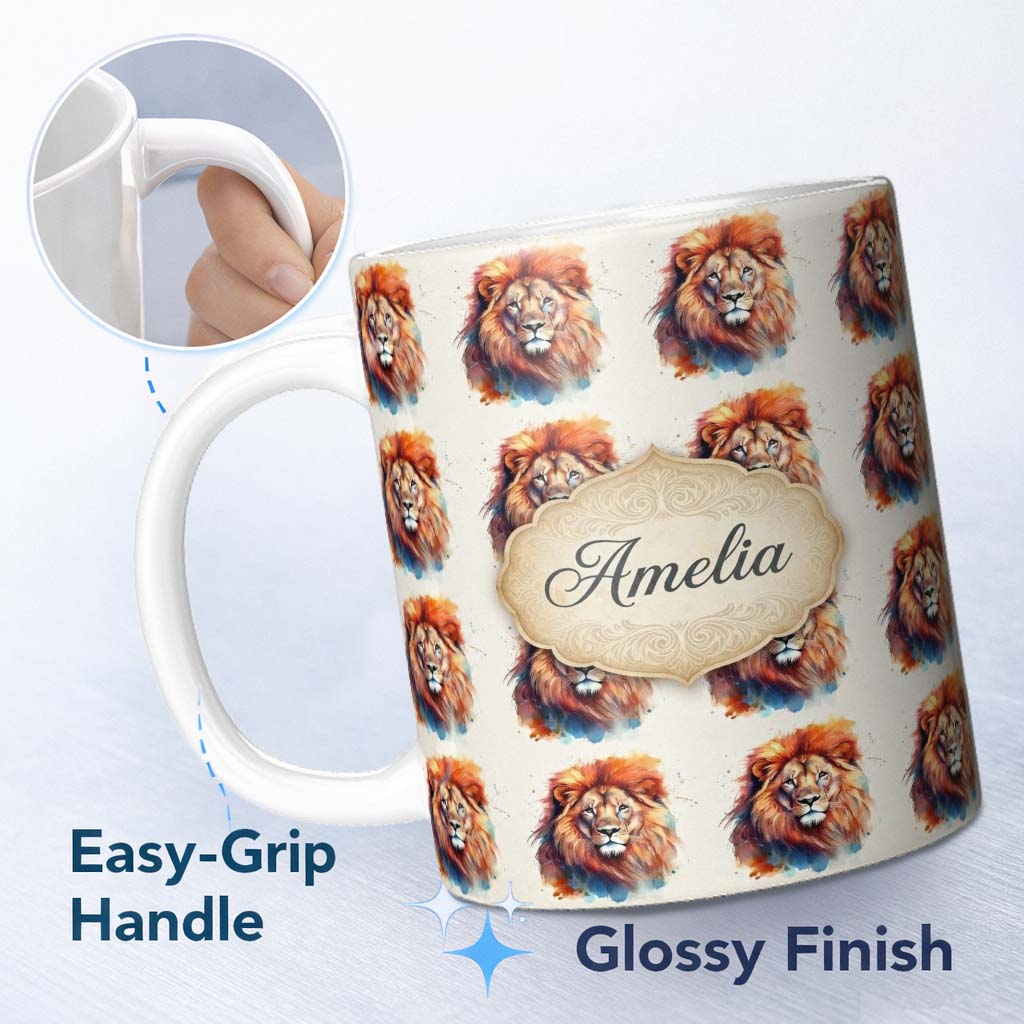 Personalized Custom Name Watercolor Lion Portrait Artistic Splash Seamless Pattern Custom 11oz Ceramic Coffee Tea Mug White Large Handle