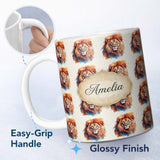 Personalized Custom Name Watercolor Lion Portrait Artistic Splash Seamless Pattern Custom 11oz Ceramic Coffee Tea Mug White Large Handle