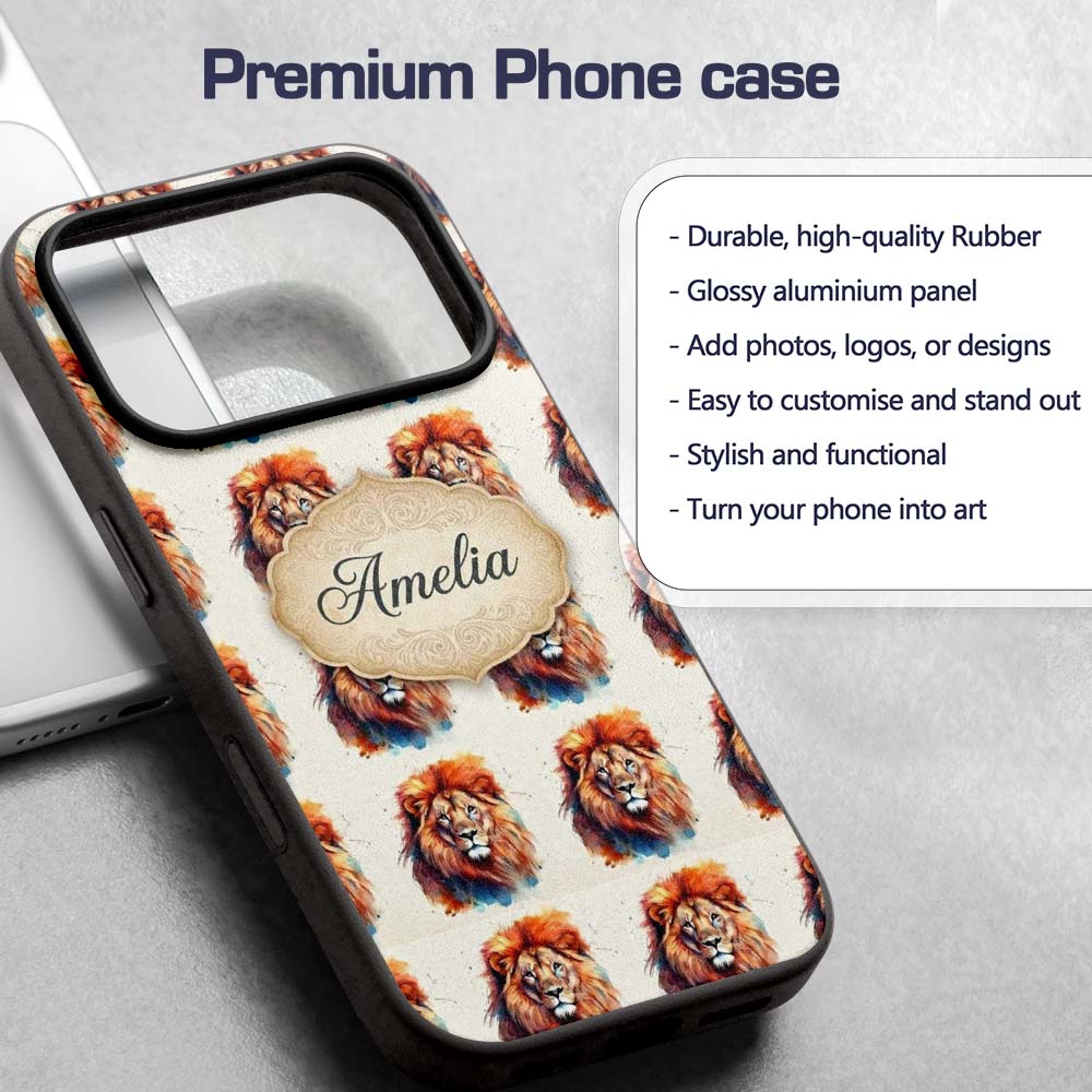 Watercolor Lion Portrait Artistic Splash Seamless Custom Name Protective Phone Case Mobile Cover Durable Everyday Smartphone Shock Resistant