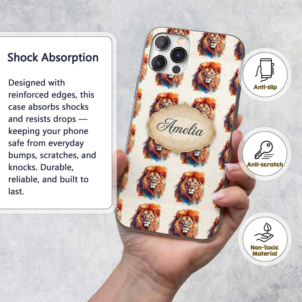 Watercolor Lion Portrait Artistic Splash Seamless Custom Name Protective Phone Case Mobile Cover Durable Everyday Smartphone Shock Resistant