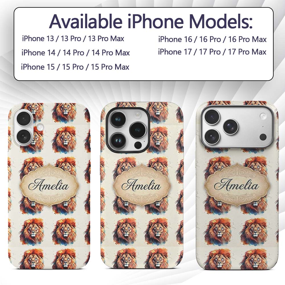 Watercolor Lion Portrait Artistic Splash Seamless Custom Name Protective Phone Case Mobile Cover Durable Everyday Smartphone Shock Resistant