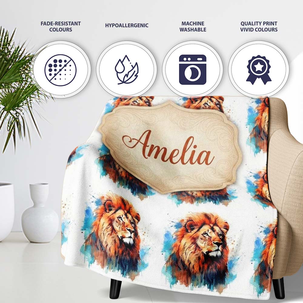 Colorful Lion Face Artistic Paint Splash Seamless Pattern Custom  Personalised Custom Name Super Soft Fleece Blanket Bed Sofa Throw