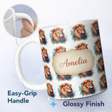 Personalized Custom Name Colorful Lion Face Artistic Paint Splash Seamless Pattern Custom 11oz Ceramic Coffee Tea Mug White Large Handle