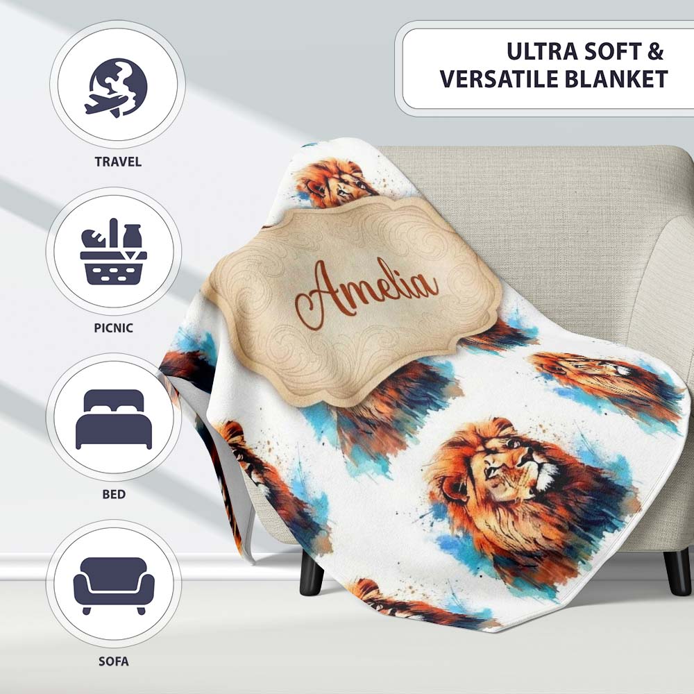 Colorful Lion Face Artistic Paint Splash Seamless Pattern Custom  Personalised Custom Name Super Soft Fleece Blanket Bed Sofa Throw