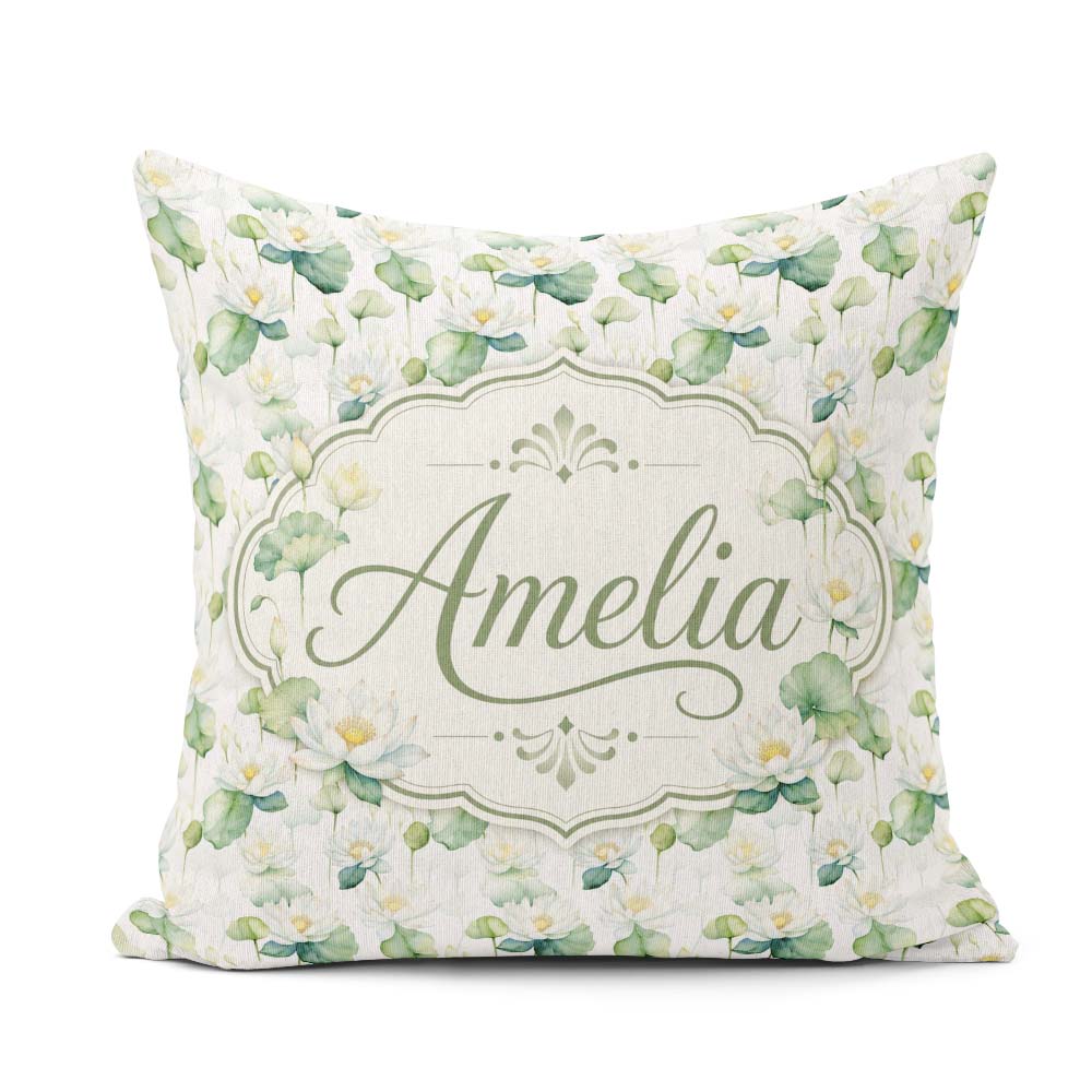 Custom Name White Lotus Flower Botanical Watercolor Pattern Name Square Filled Cushion Throw Pillow Sofa Bed Home Decor Zip Washable UK Made