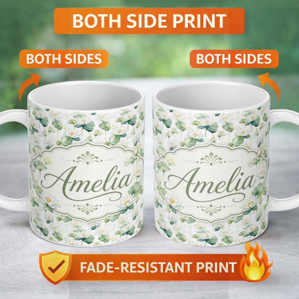 Personalized Custom Name White Lotus Flower Botanical Watercolor Seamless Pattern Name Cute 11oz Ceramic Coffee Tea Mug White Large Handle