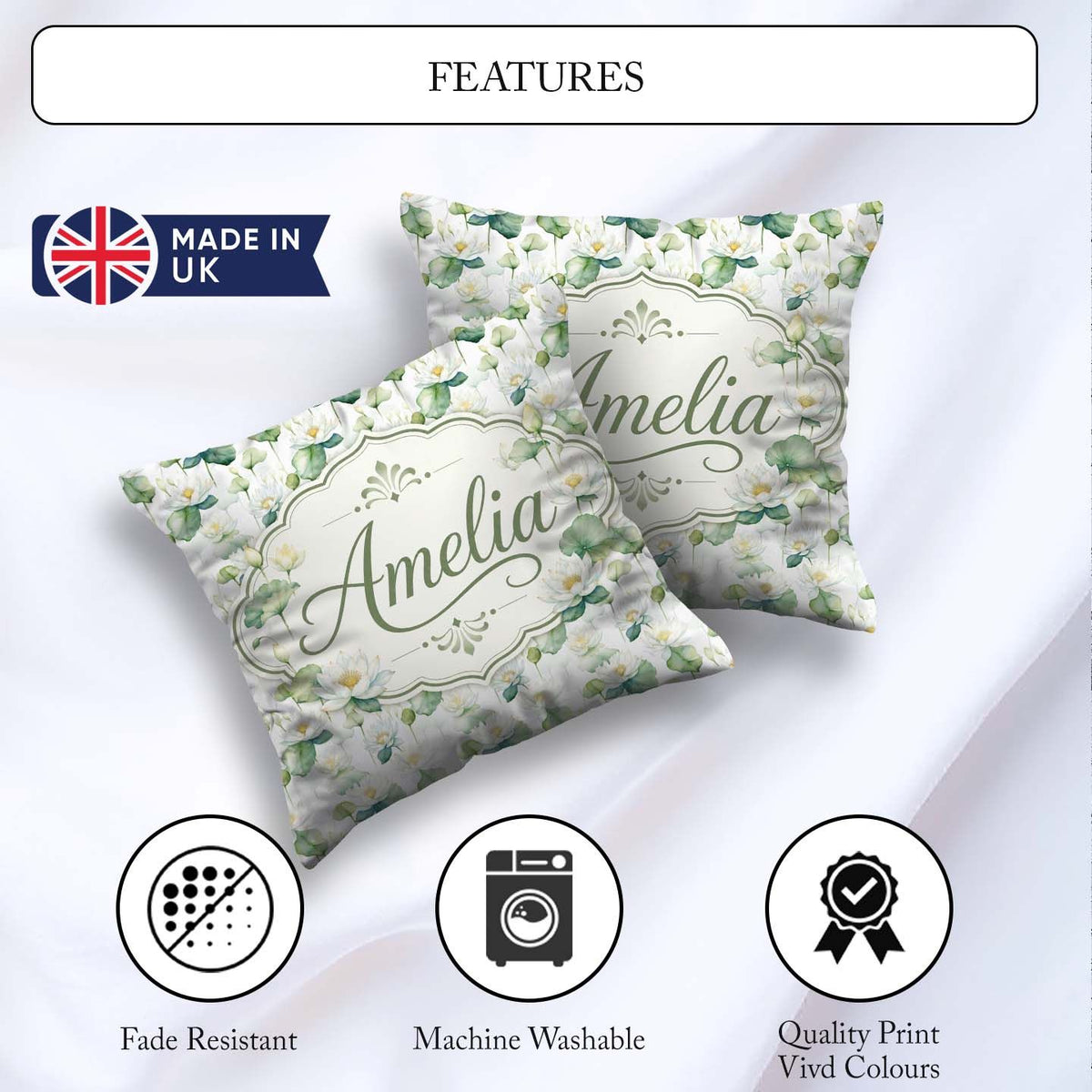 Custom Name White Lotus Flower Botanical Watercolor Pattern Name Square Filled Cushion Throw Pillow Sofa Bed Home Decor Zip Washable UK Made