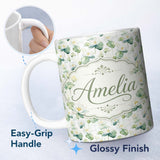 Personalized Custom Name White Lotus Flower Botanical Watercolor Seamless Pattern Name Cute 11oz Ceramic Coffee Tea Mug White Large Handle
