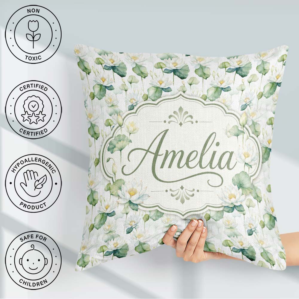 Custom Name White Lotus Flower Botanical Watercolor Pattern Name Square Filled Cushion Throw Pillow Sofa Bed Home Decor Zip Washable UK Made
