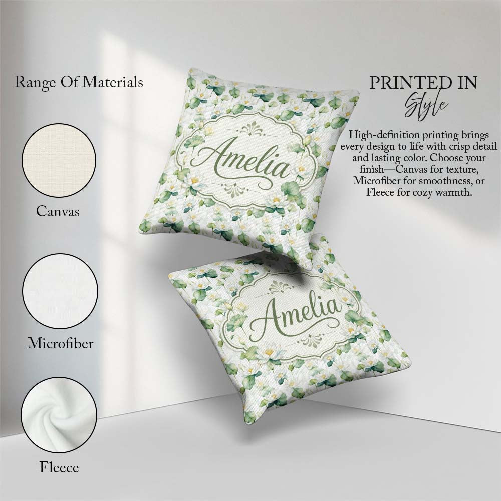 Custom Name White Lotus Flower Botanical Watercolor Pattern Name Square Filled Cushion Throw Pillow Sofa Bed Home Decor Zip Washable UK Made