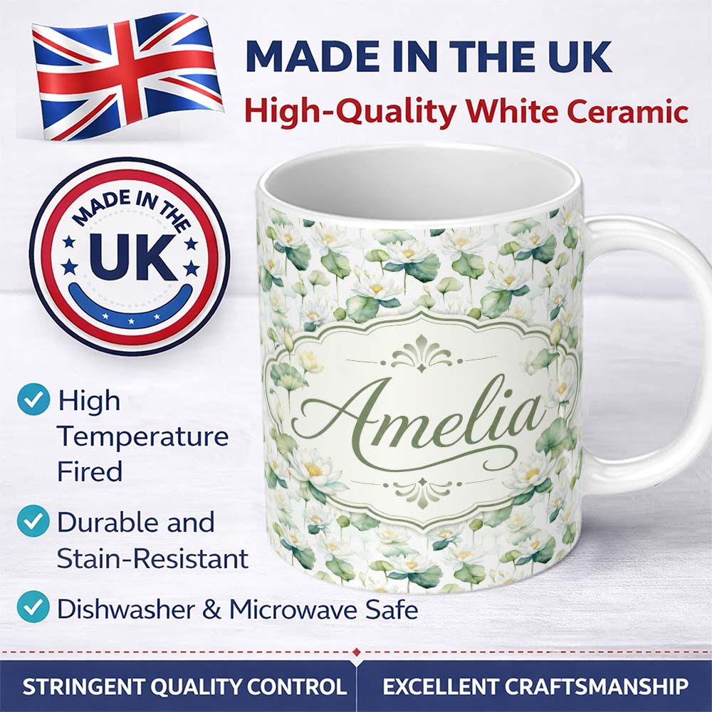 Personalized Custom Name White Lotus Flower Botanical Watercolor Seamless Pattern Name Cute 11oz Ceramic Coffee Tea Mug White Large Handle