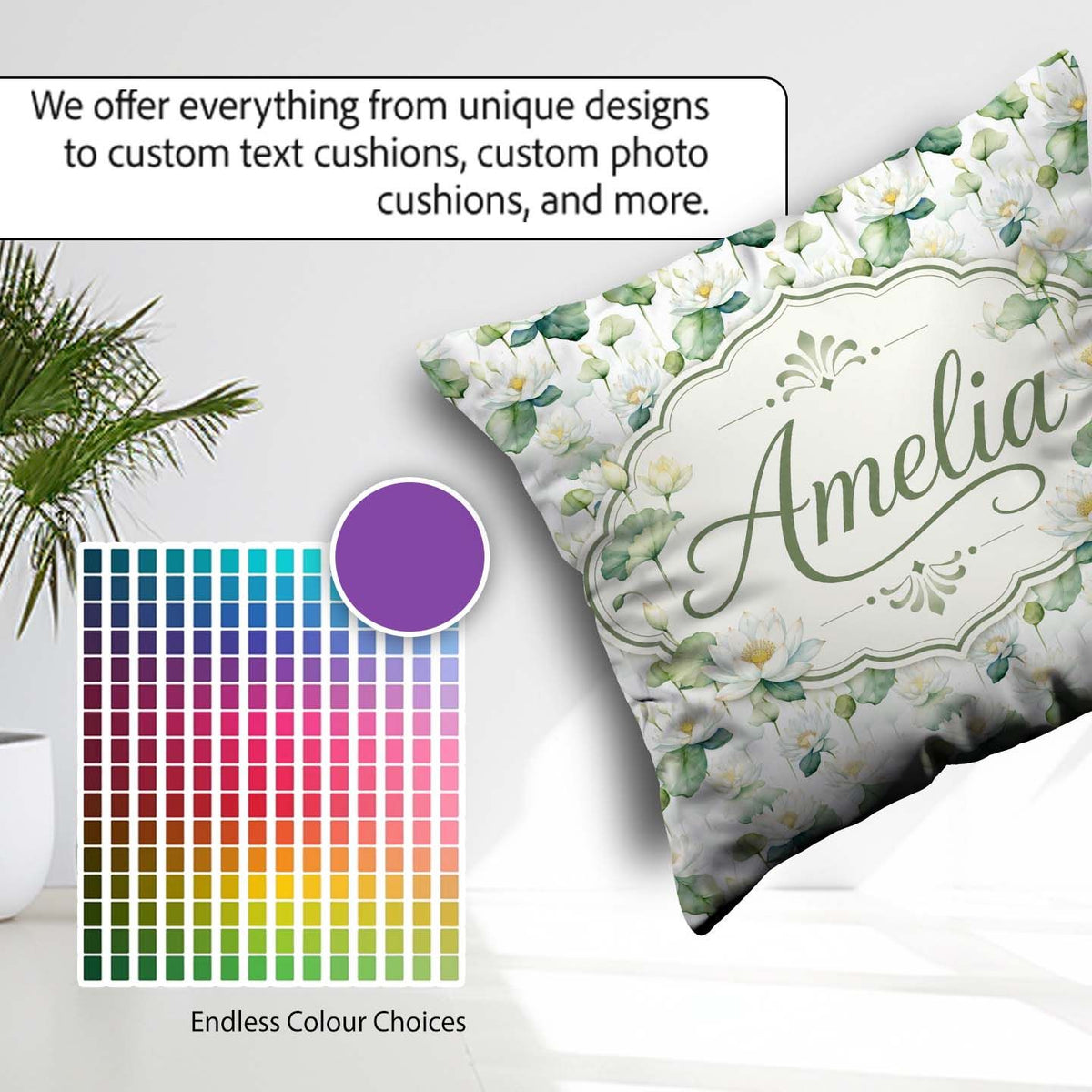 Custom Name White Lotus Flower Botanical Watercolor Pattern Name Square Filled Cushion Throw Pillow Sofa Bed Home Decor Zip Washable UK Made