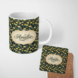 Personalized Custom Name Golden Lotus Pond Floral Nature Seamless Pattern Name Cute Unique 11oz Ceramic Coffee Tea Mug White Large Handle