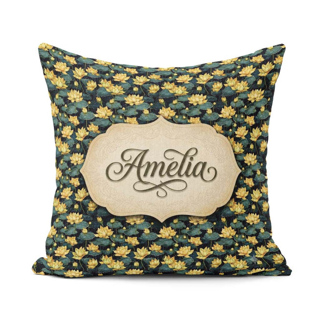 Custom Name Golden Pond Floral Nature Seamless Pattern Name Cute Square Filled Cushion Throw Pillow Sofa Bed Home Decor Zip Washable UK Made