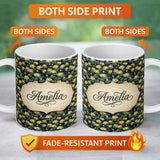 Personalized Custom Name Golden Lotus Pond Floral Nature Seamless Pattern Name Cute Unique 11oz Ceramic Coffee Tea Mug White Large Handle