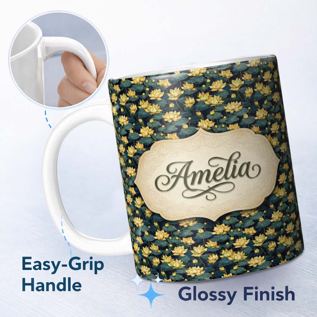 Personalized Custom Name Golden Lotus Pond Floral Nature Seamless Pattern Name Cute Unique 11oz Ceramic Coffee Tea Mug White Large Handle
