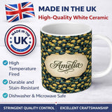 Personalized Custom Name Golden Lotus Pond Floral Nature Seamless Pattern Name Cute Unique 11oz Ceramic Coffee Tea Mug White Large Handle
