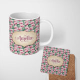 Personalized Custom Name Pink Lotus Flower Botanical Watercolor Seamless Pattern Name Cute 11oz Ceramic Coffee Tea Mug White Large Handle