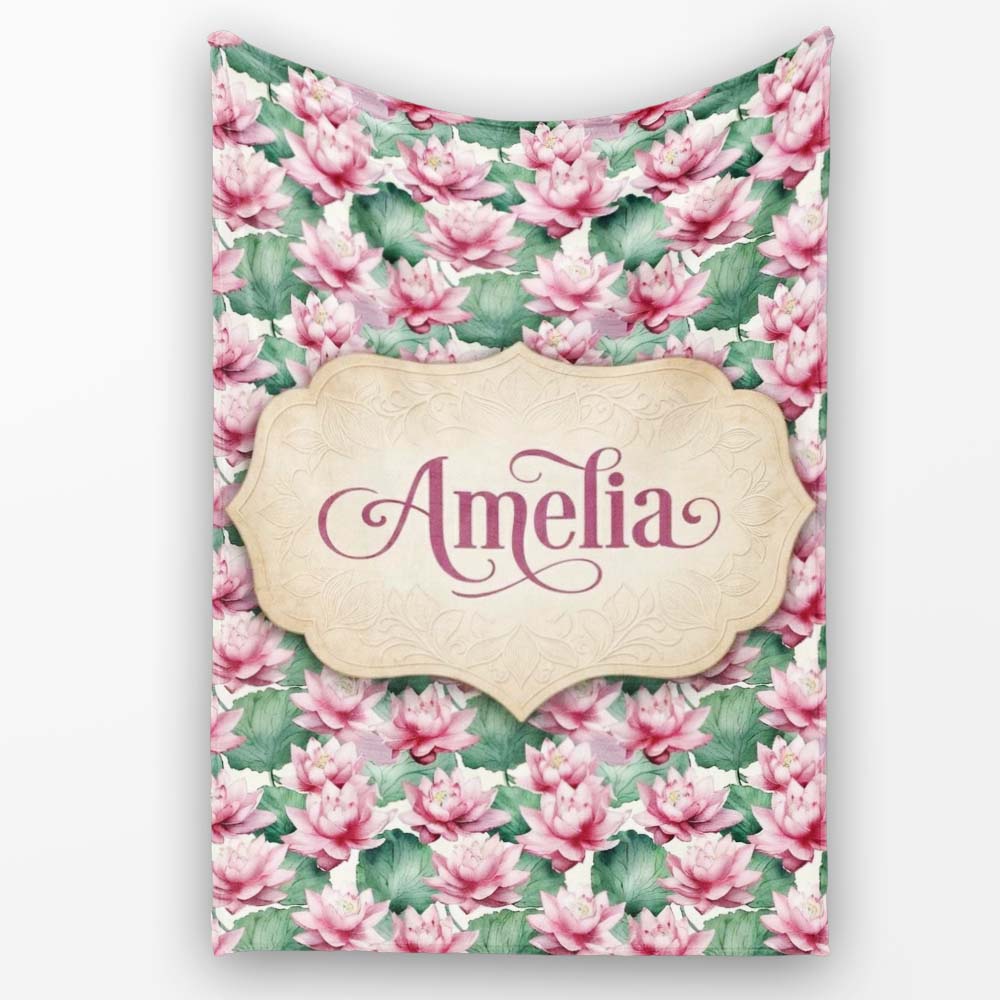 Pink Lotus Flower Botanical Watercolor Seamless Pattern Name Cute  Personalised Custom Name Super Soft Fleece Blanket Bed Sofa Throw