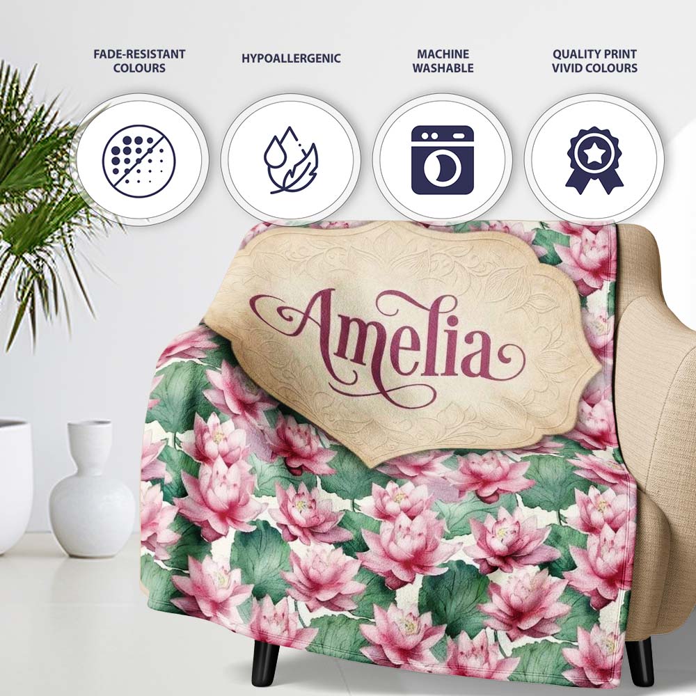 Pink Lotus Flower Botanical Watercolor Seamless Pattern Name Cute  Personalised Custom Name Super Soft Fleece Blanket Bed Sofa Throw