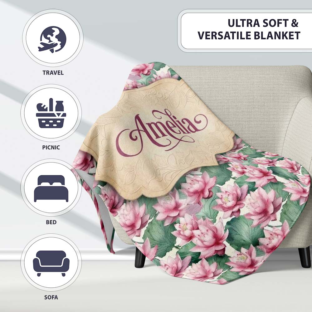 Pink Lotus Flower Botanical Watercolor Seamless Pattern Name Cute  Personalised Custom Name Super Soft Fleece Blanket Bed Sofa Throw