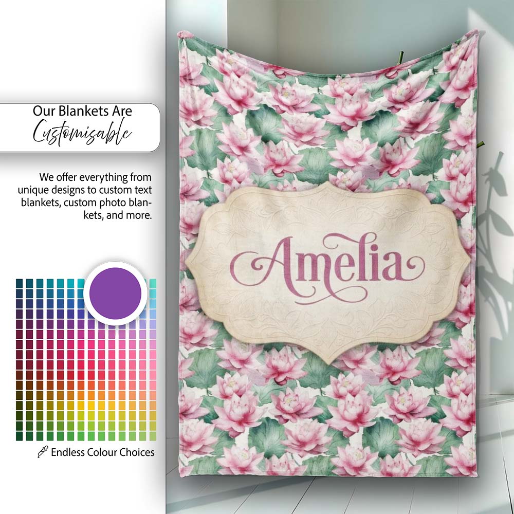 Pink Lotus Flower Botanical Watercolor Seamless Pattern Name Cute  Personalised Custom Name Super Soft Fleece Blanket Bed Sofa Throw