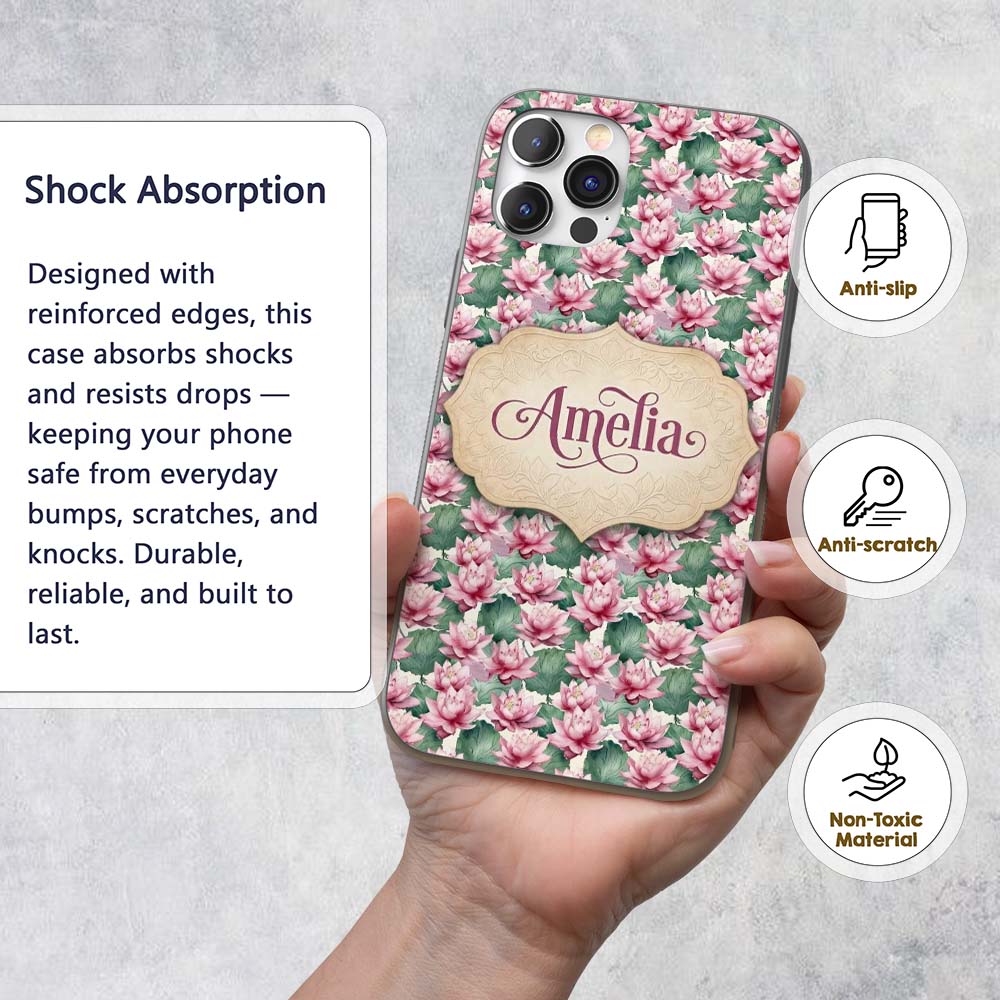 Pink Lotus Flower Botanical Watercolor Seamless Custom Name Protective Phone Case Mobile Cover Durable Everyday Smartphone Shock Resistant