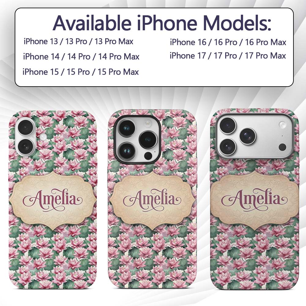 Pink Lotus Flower Botanical Watercolor Seamless Custom Name Protective Phone Case Mobile Cover Durable Everyday Smartphone Shock Resistant