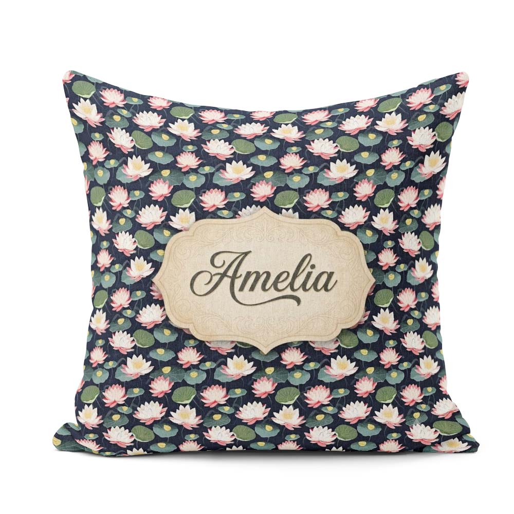 Custom Name Elegant Lotus Pond Floral Dark Seamless Pattern Name Square Filled Cushion Throw Pillow Sofa Bed Home Decor Zip Washable UK Made