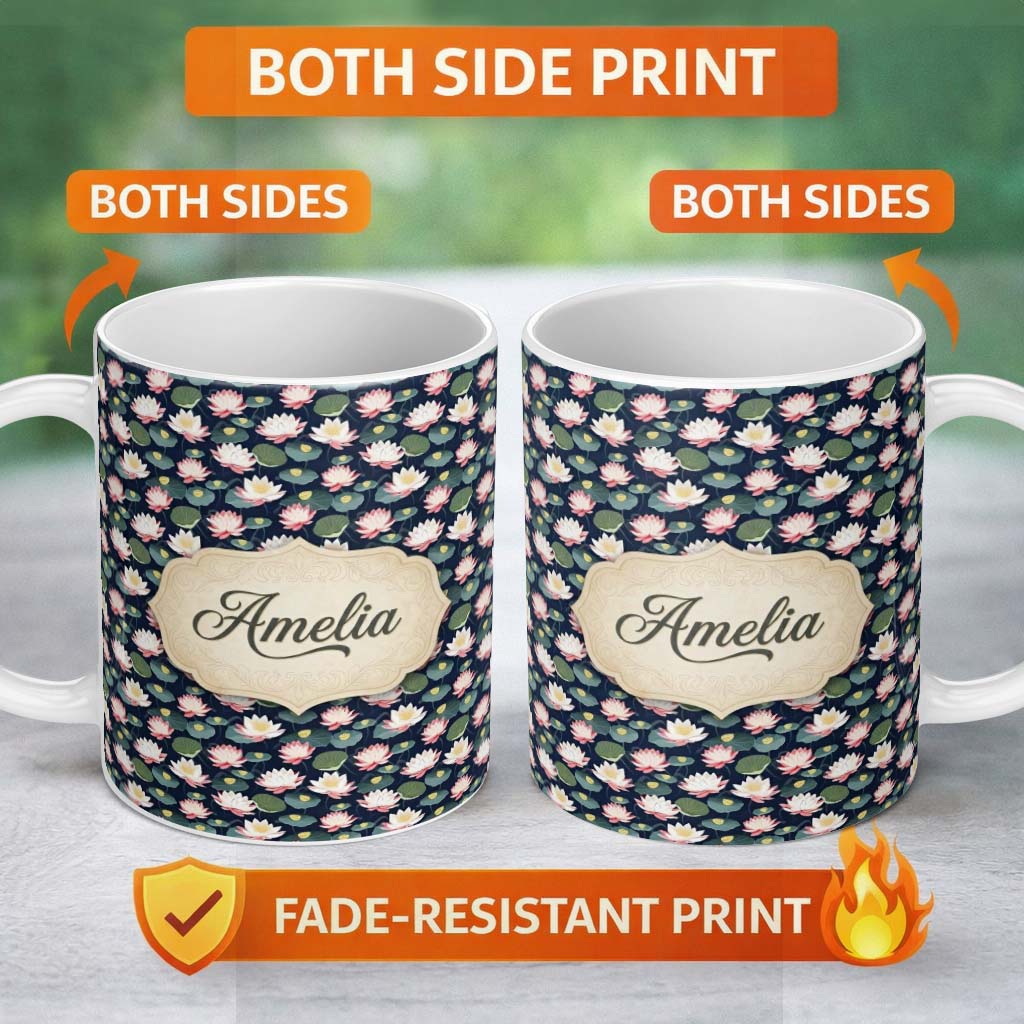 Personalized Custom Name Elegant Lotus Pond Floral Dark Background Seamless Pattern Name Cute 11oz Ceramic Coffee Tea Mug White Large Handle