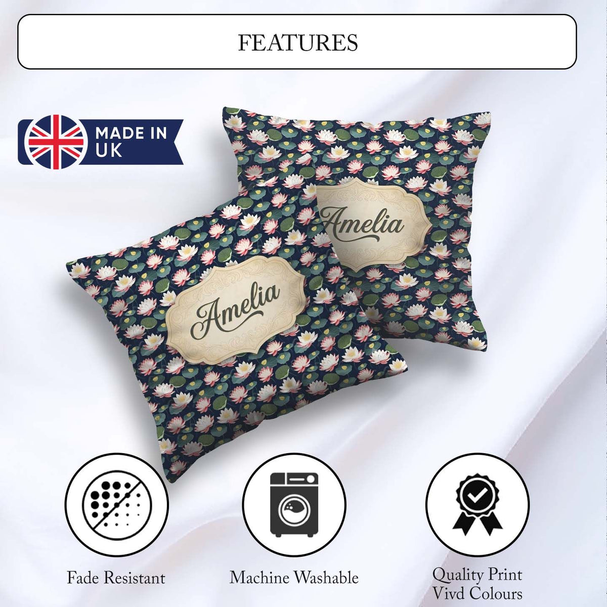 Custom Name Elegant Lotus Pond Floral Dark Seamless Pattern Name Square Filled Cushion Throw Pillow Sofa Bed Home Decor Zip Washable UK Made