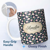Personalized Custom Name Elegant Lotus Pond Floral Dark Background Seamless Pattern Name Cute 11oz Ceramic Coffee Tea Mug White Large Handle