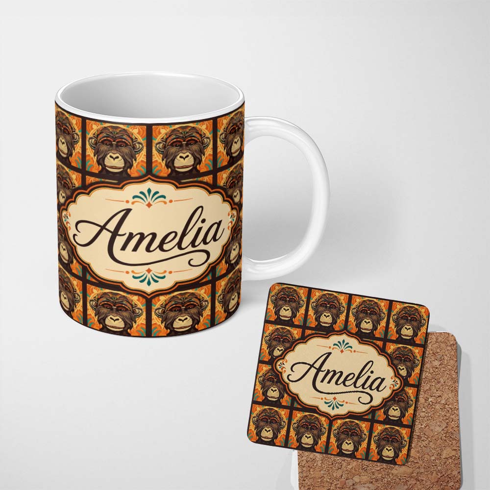 Personalized Custom Name Colorful Tribal Monkey Face Abstract Art Seamless Pattern Custom 11oz Ceramic Coffee Tea Mug White Large Handle