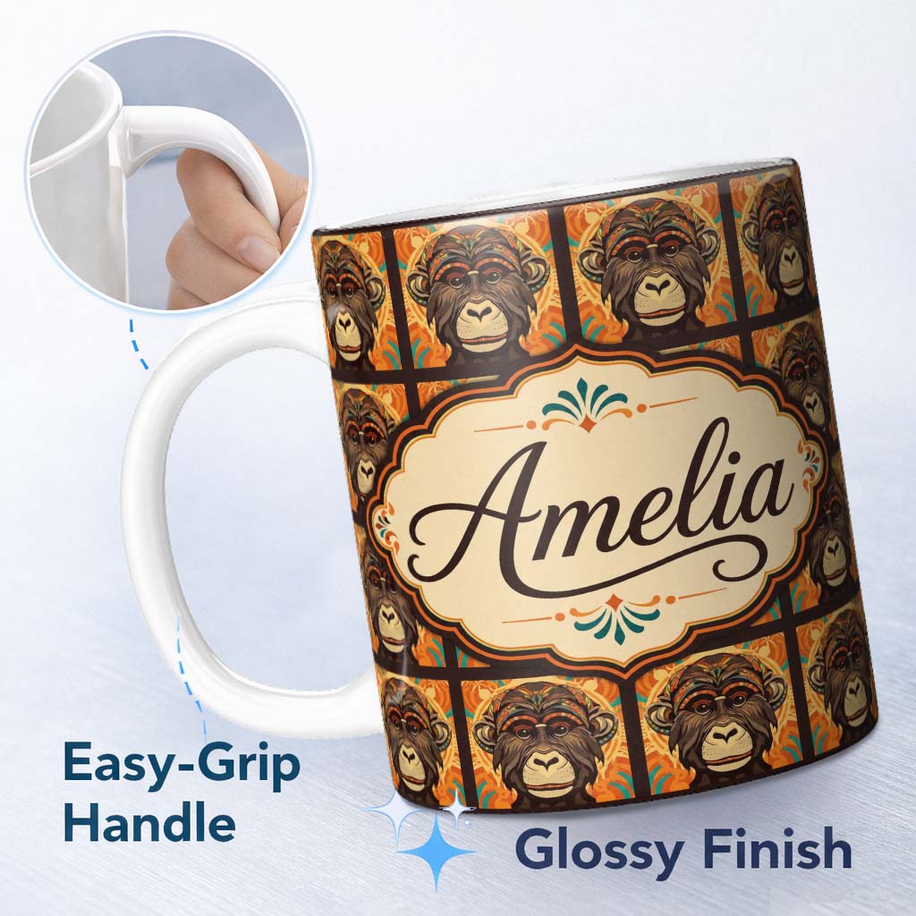Personalized Custom Name Colorful Tribal Monkey Face Abstract Art Seamless Pattern Custom 11oz Ceramic Coffee Tea Mug White Large Handle