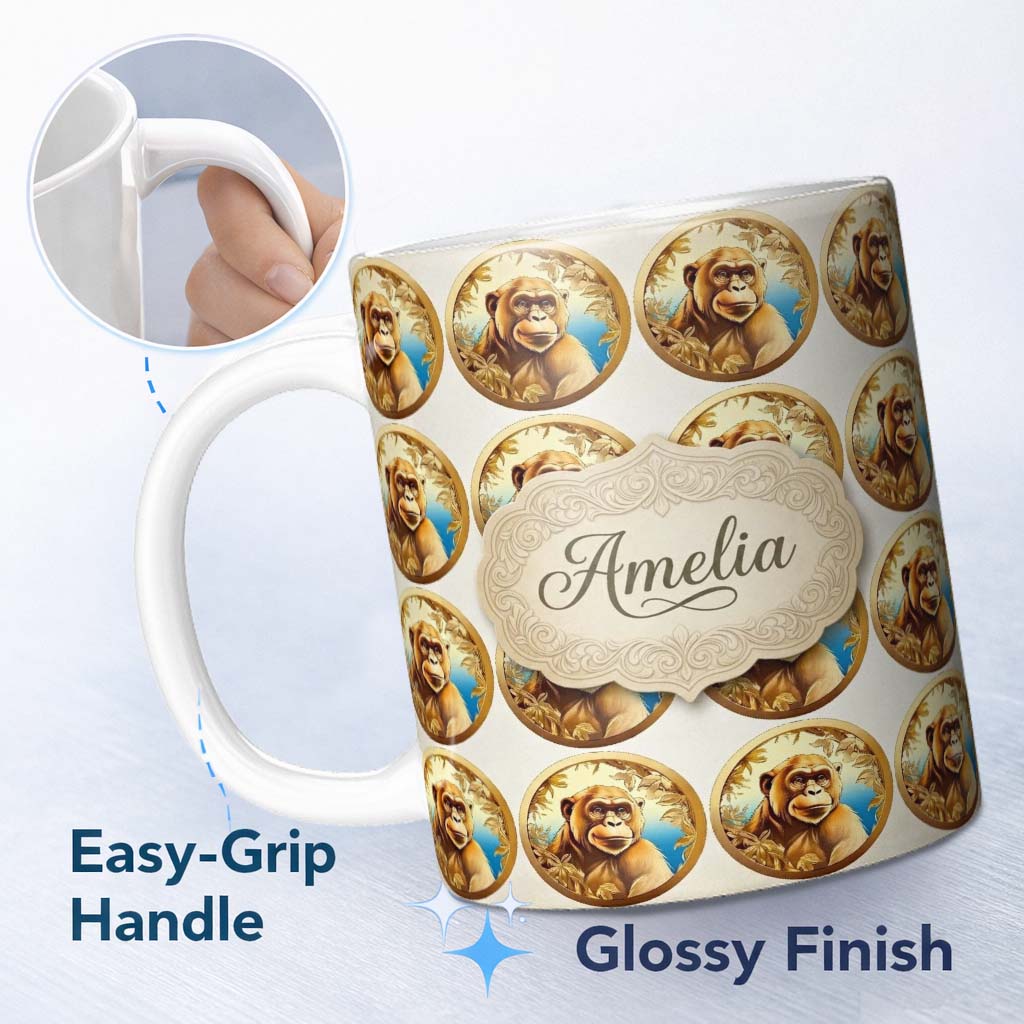 Personalized Custom Name Golden Monkey Portrait Ornamental Medallion Seamless Pattern Name 11oz Ceramic Coffee Tea Mug White Large Handle